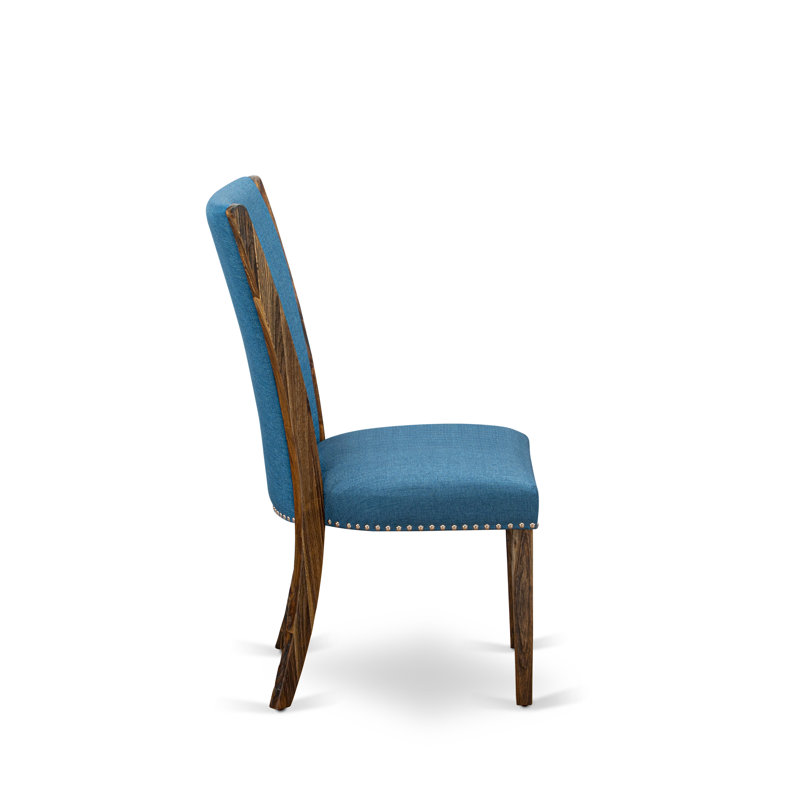 Distressed Jacobean Finish Round Dining Table with 6 Blue Linen Chairs