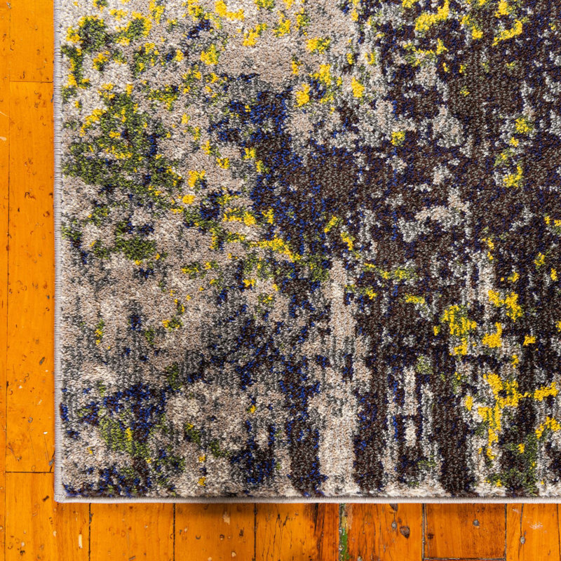 Tapis abstrait jaune / gris / mauve Eddins, Rectangle 7 pi 1 po x 10 pi