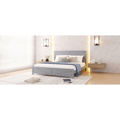 Tête de lit et pied de lit de style campagnard très grand avec porte de grange de style campagnard, lit en bois de pin avec cadre de lit renforcé, gris