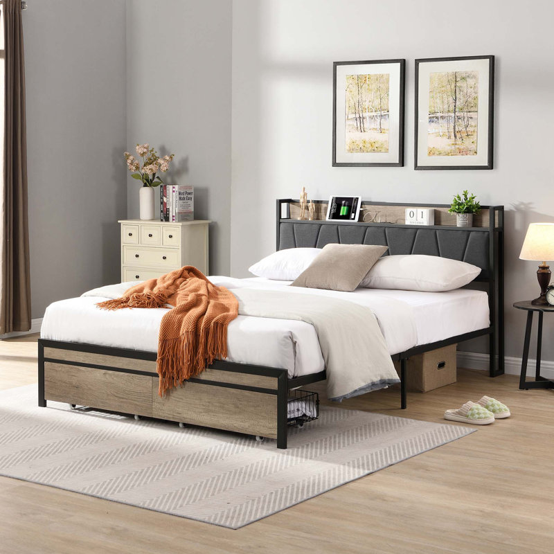 Structure de lit plateforme en métal avec tête de lit avec fonction de rangement rembourrée et doublure USB et pied de lit avec tiroirs, grand rangement sous le lit