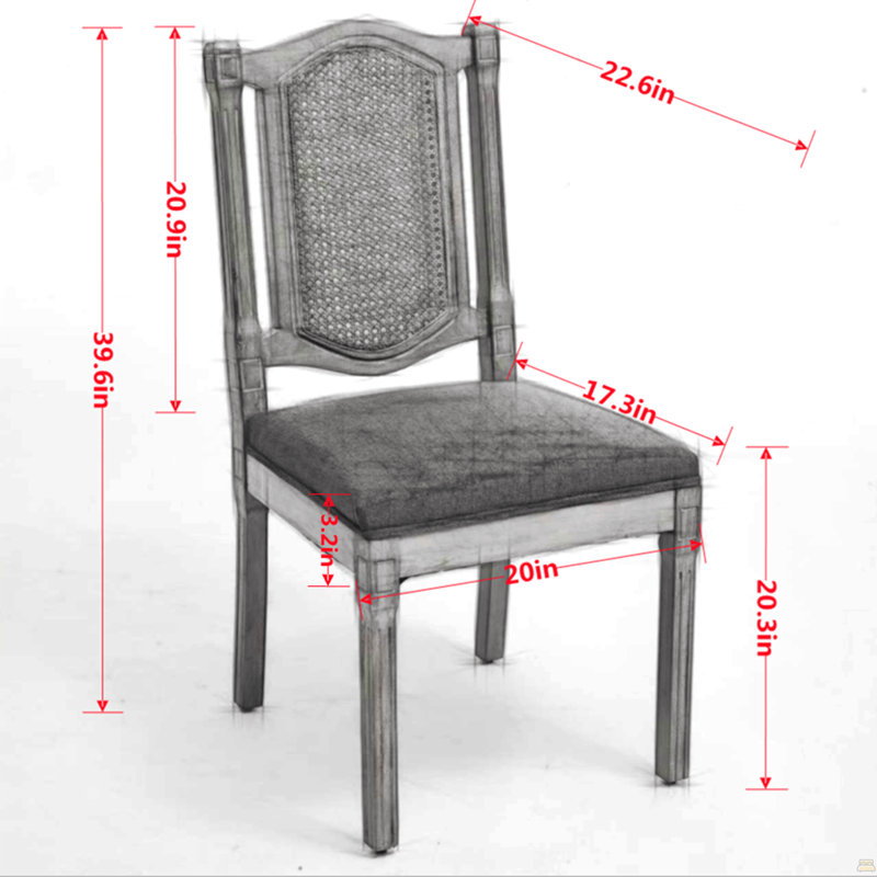Chaise en bois massif à dossier en rotin, coussin en lin mat avec mousse à haute résilience et ressorts en S, Gris