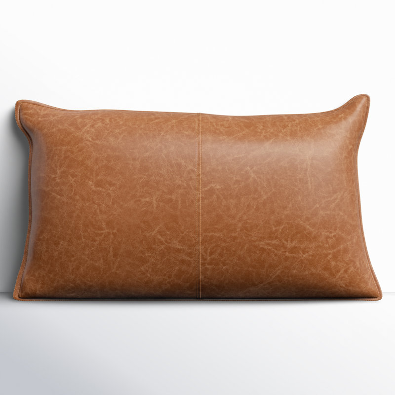 Coussin décoratif en cuir Cutler, Brun châtaigne, 14 po x 26 po, Forme rectangulaire