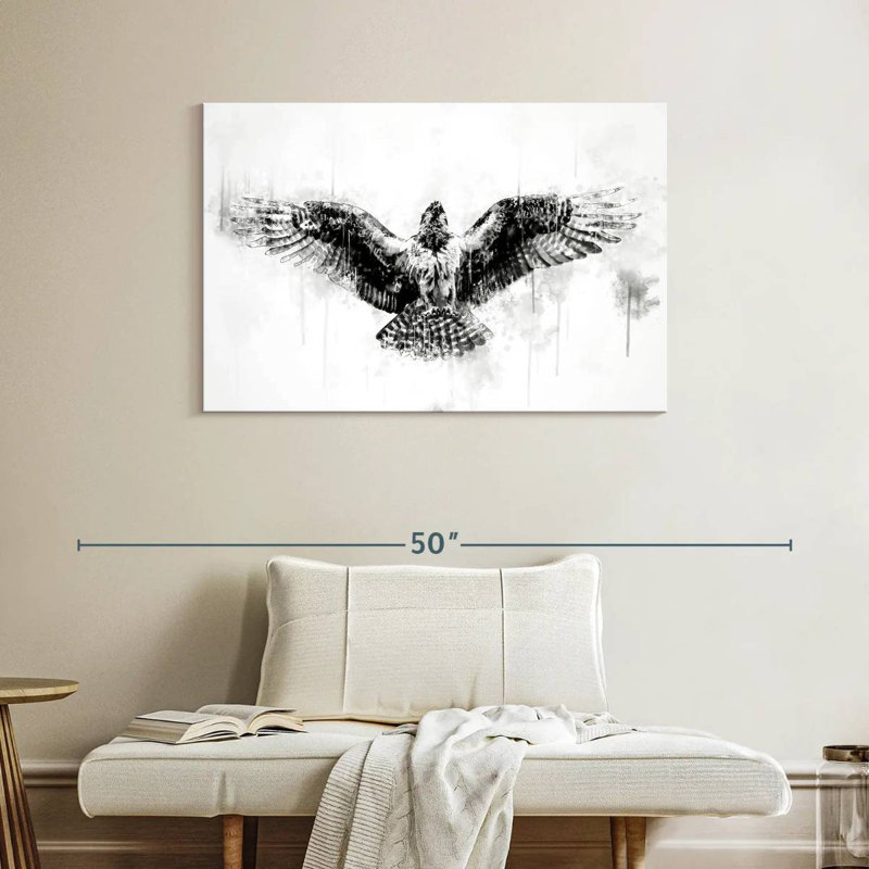 Corbeau volant en noir et blanc, H 26 po x l 39 po
