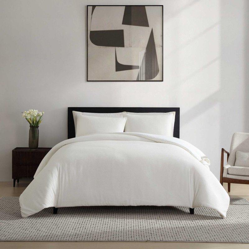 Vera Wang Threaded Basketweave Cotton White Comforter Set, King Comforter + 2 King Shams