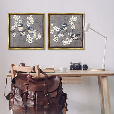"Chickadee Birds Flowering Branch", ensemble de 2 toiles flottantes encadrées par Jade Reynolds