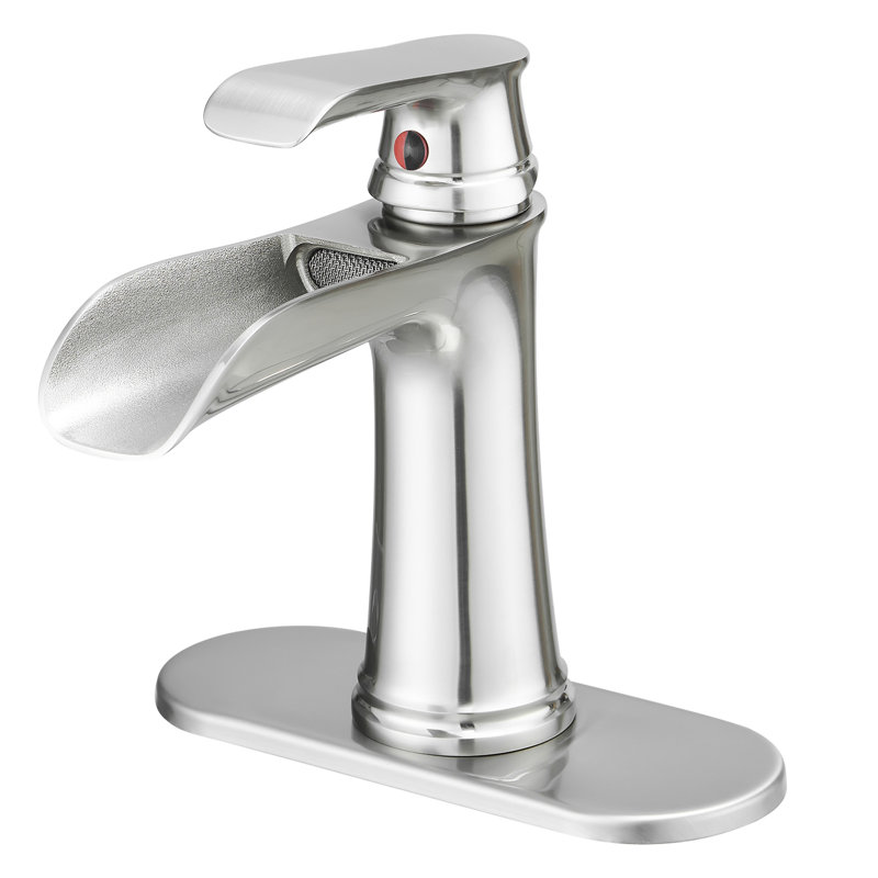 Modern Bathroom Faucets - Waterfall Basin With Pop Up Drain, Brushed Nickel, Single Hole, Side , Cartridge Valve, Handle, Geometric Design, Bath Styling One Handle Sink Faucet Deck Plate,