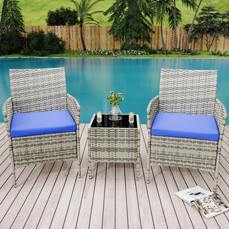 3-Piece Outdoor Bistro Set, PE Rattan Conversation Set with 2 Cushioned Chairs & Tempered Glass Table, All-Weather for Balcony/Patio