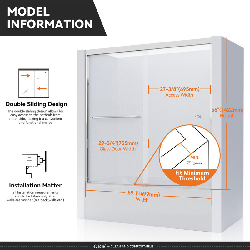 56'' - 60'' W x 56'' H Double Sliding Semi-Frameless Tub Door with Clear Glass, Chrome, Clear