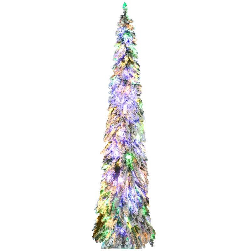 Grand haut sapin de Noël artificiel avec des branches floquées par la neige, lumières chaudes blanches ou colorées, forme Downswept
