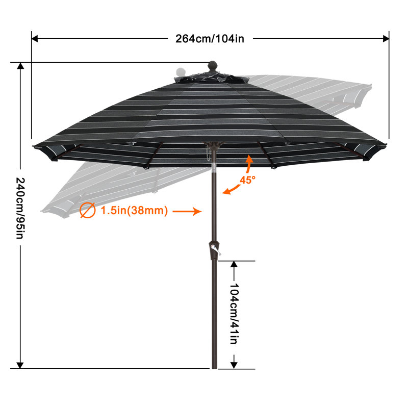 Parasol de marché en oléfine 9 'avec inclinaison et manivelle, Graphite rayé