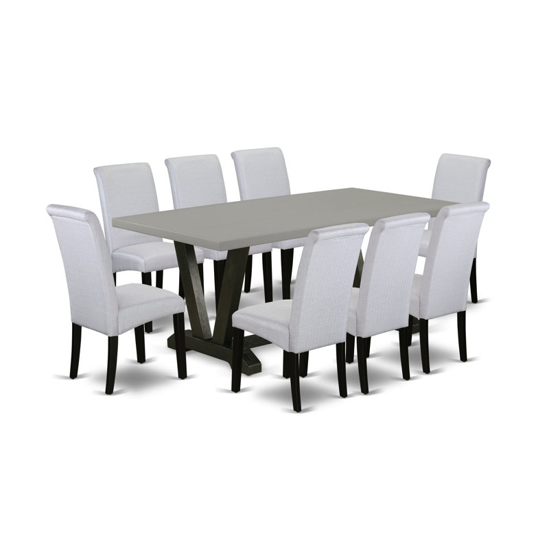 Ensemble de table de salle à manger 9 pièces moderne comprenant une table rectangulaire en bois avec pieds en V et 8 chaises Parson rembourrées en tissu gris, noir brossé