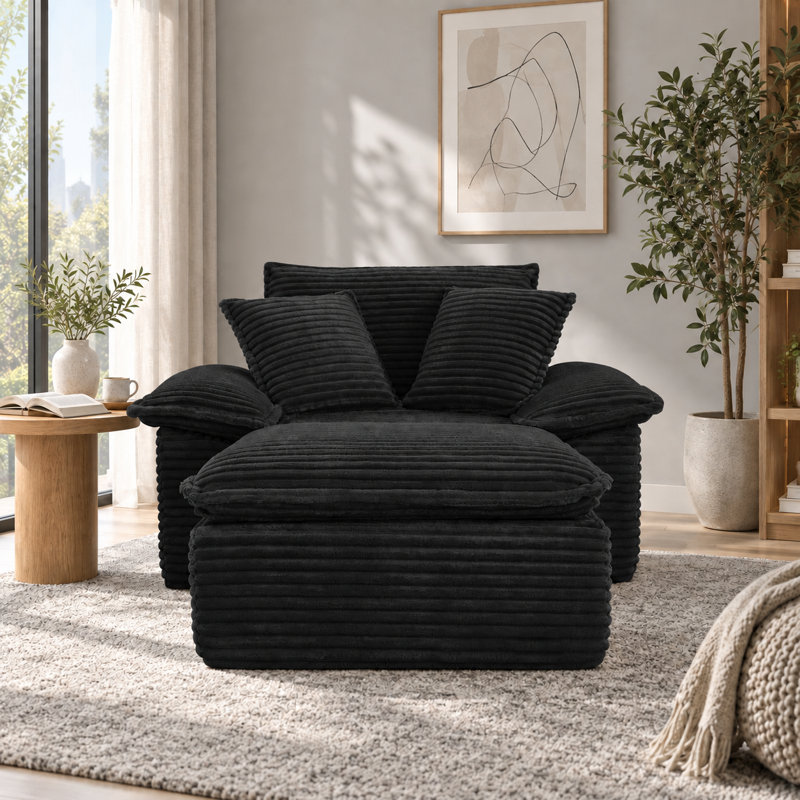 Méridienne l 49,6 po, fauteuil d'appoint modulaire rembourré de mousse avec repose-pieds, Noir