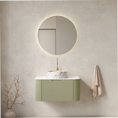 Meuble-lavabo de salle de bain 30 po avec lavabo, meuble de rangement mural à bordures courbes et flottantes avec tiroir, lavabo rond en céramique blanc avec motif de pierre, pré-assemblé, couleur vert clair