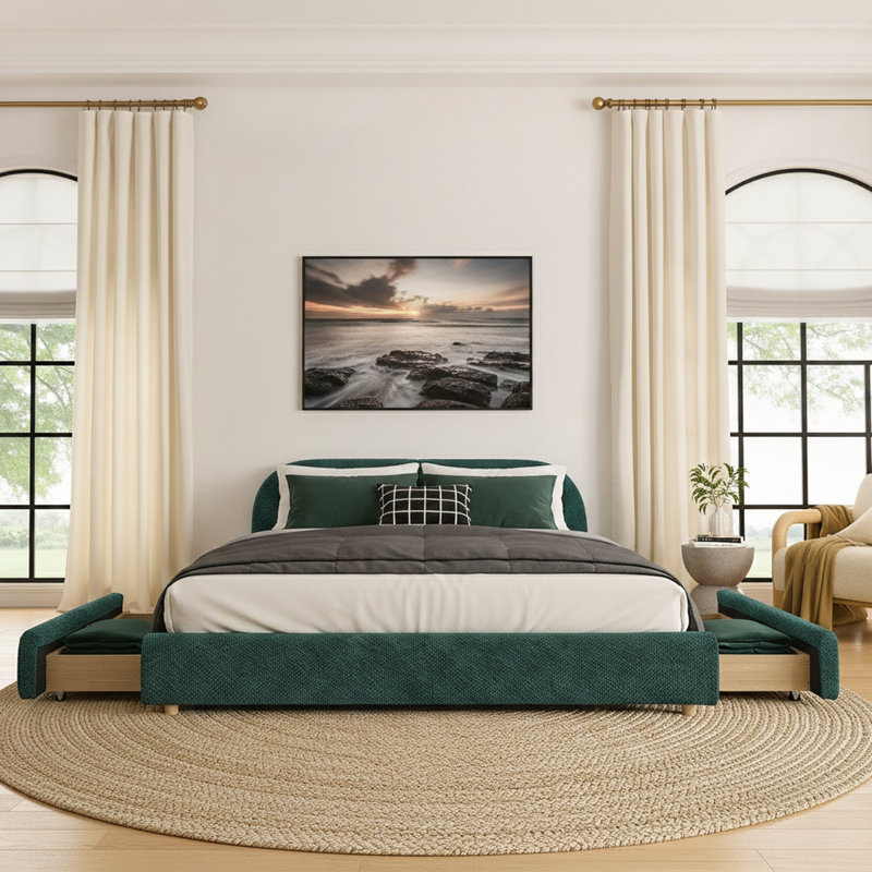 Très grande base de lit tapissier avec tête de lit courbée et rangement sur roulettes, Très grand lit, Gris foncé