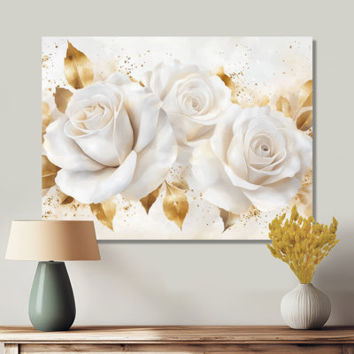 White Rose Wall Art, White Roses With Golden Leaves, Gold Leaf Floral Canvas