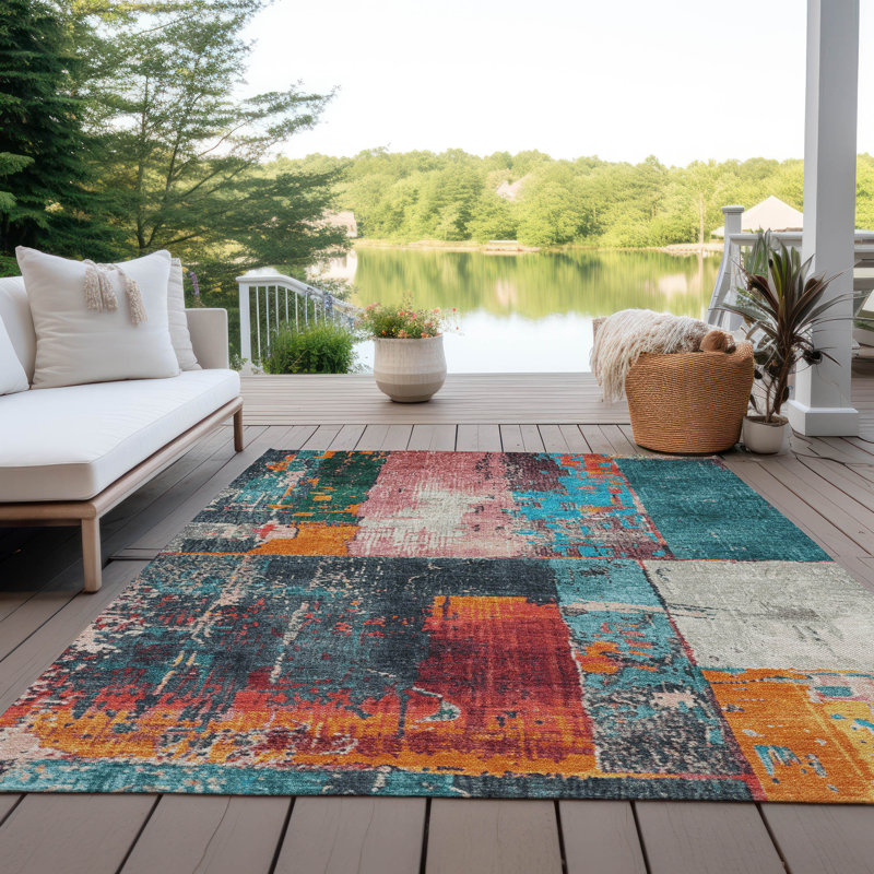 Tapis bleu sarcelle lavable à la machine intérieur / extérieur Xhevrie, Rectangulaire 8 pi x 10 pi
