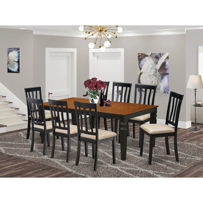 9 Piece Dining Set Includes a Rectangle Dining Room Table with Butterfly Leaf and 8 Linen Fabric Upholstered Chairs, Black & Cherry