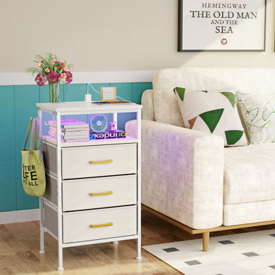 Nightstand with 3 Drawers & 2 USB Ports, Bedside Table with Outlets, Stable Metal Frame