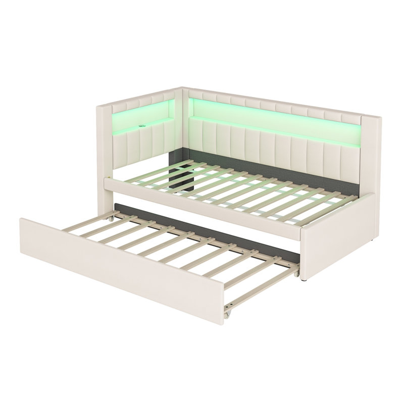 Lit plateforme tapissier simple avec ports USB et ceinture à DEL, Beige