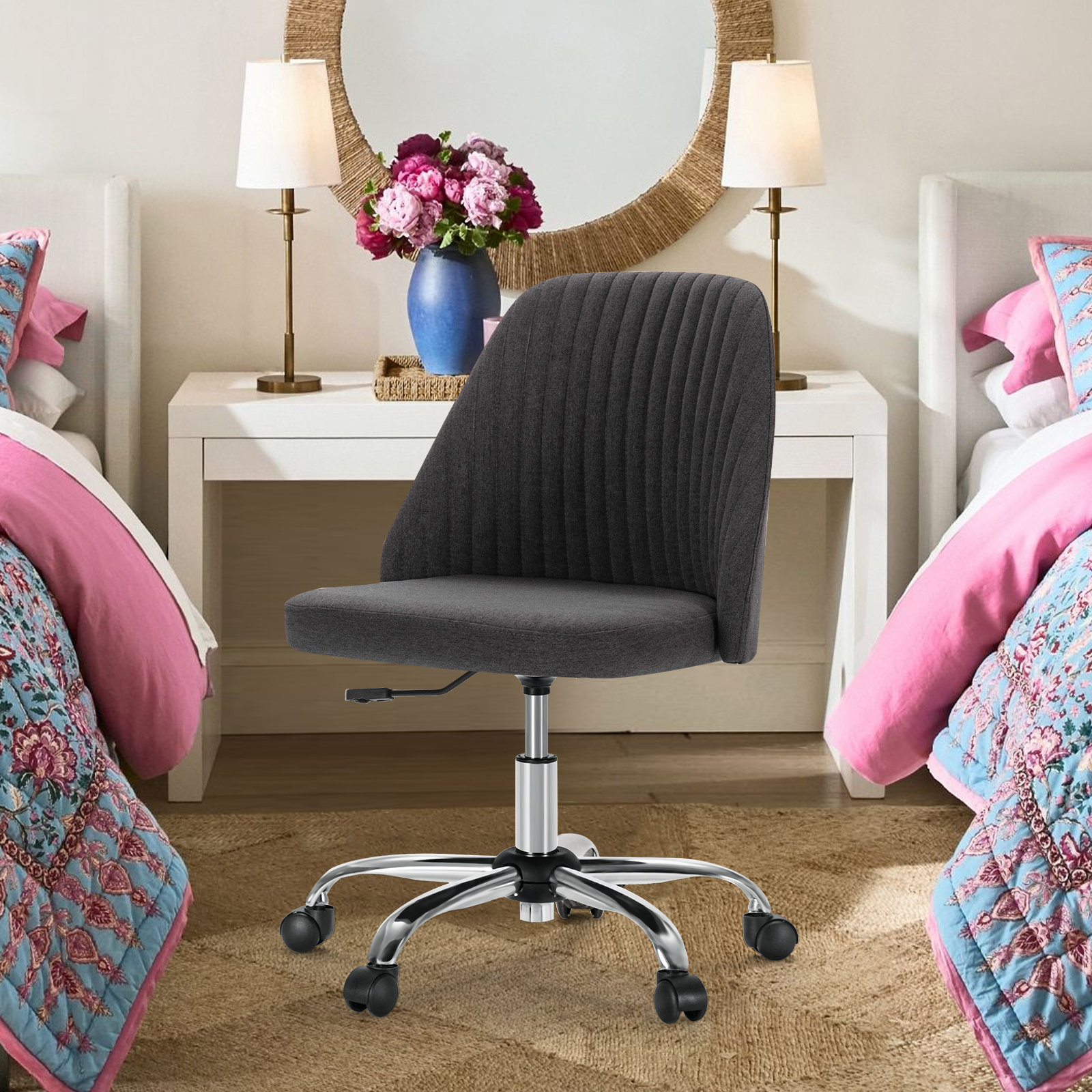 Task Chair Office Desk Chair Make Up Chair With Wheels(Set Of 2), Dark Gray
