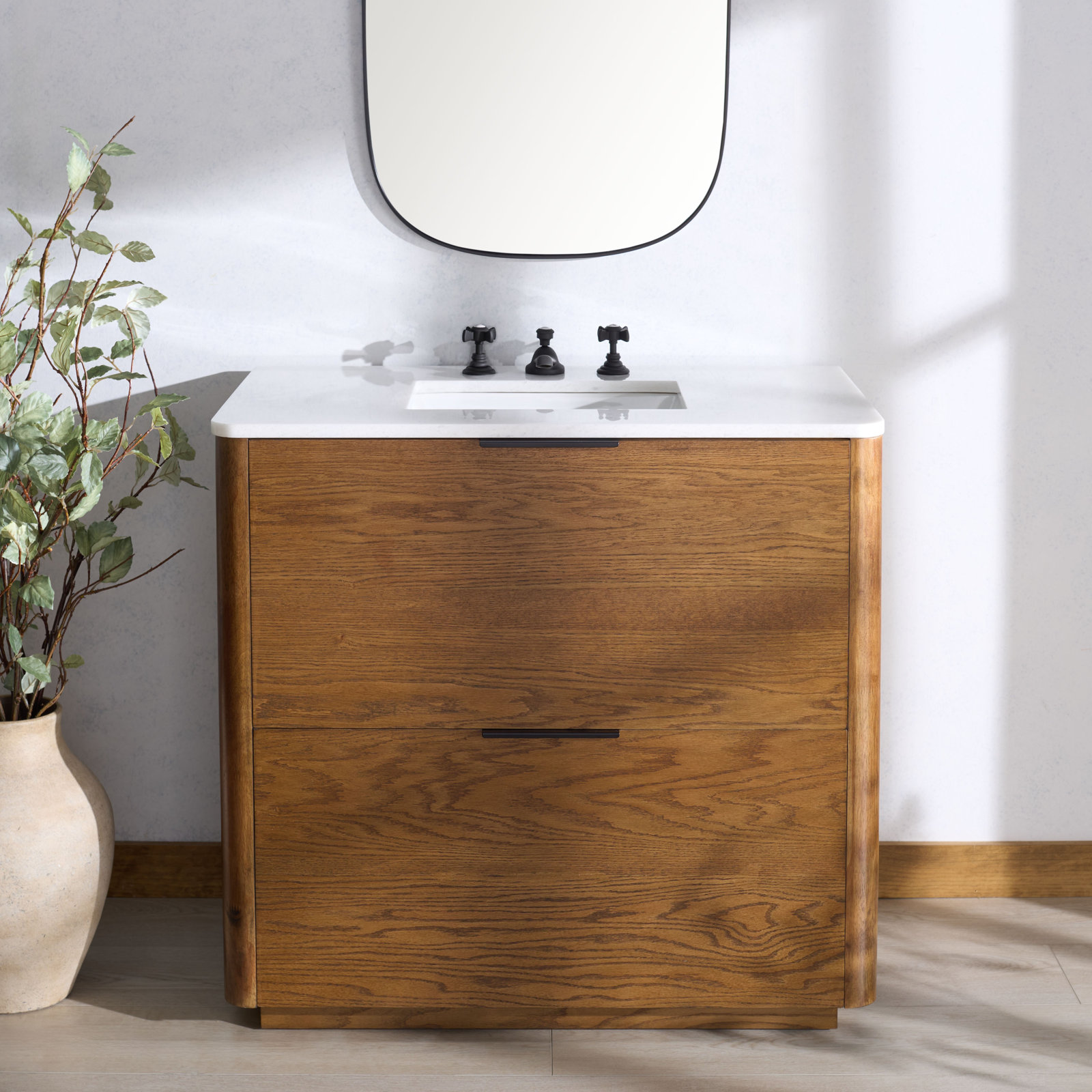 Tahani 36" Single Sink Bathroom Vanity with Marble Countertop, Medium Oak
