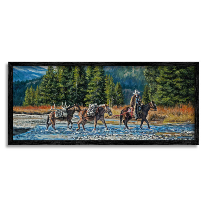 «Crossing River Cowboy Landscape» encadré sur bois par David Graham, peinture, Giclée encadrée noir minuit