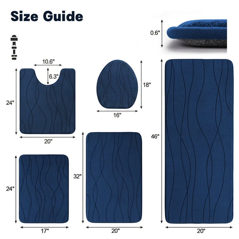 5 Piece High Absorb 25D Memory Foam Bathroom Rug Set with Non-Slip Backing, Dark Blue