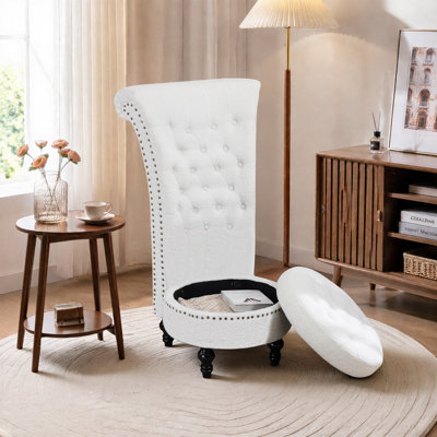 Fauteuil d'appoint capitonné à dossier haut avec repose-pieds de rangement, fauteuil d'appoint rembourré en velours avec garniture cloutée, fauteuil simple rétro pour le salon, entrée de chambre à coucher (blanc)