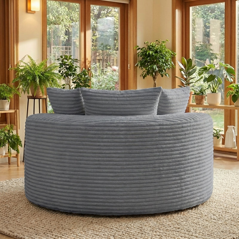 Boneless 55"Round Couch Boneless Round Chaise Foam Couch for Small Spaces, with Pillows for Living Room, Bedroom, Apartment No Assembly Required