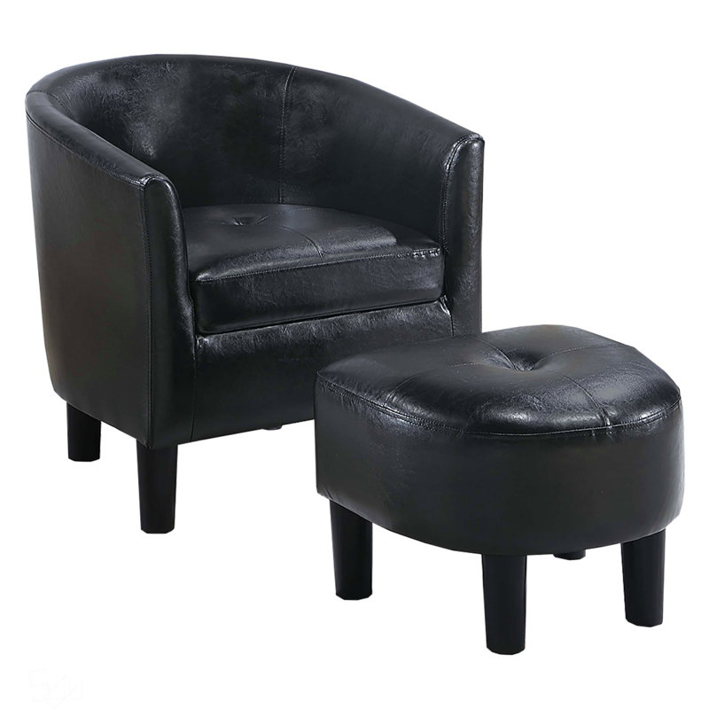 Aldayshein 25.55" Wide Barrel Chair and Ottoman, Black Tufted PU Leather