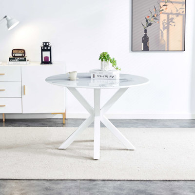 Table de salle à manger à pieds croisés de 42,1 po de style Mid-Century pour 4 à 6 personnes avec plateau rond en MDF, table de salle à manger à piédestal, table basse de loisirs