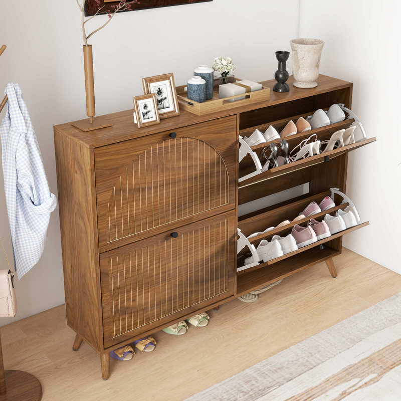 Armoire à chaussures 24 paires avec 4 tiroirs rabattables, range-chaussures étroit avec panneau cannelé, armoire à chaussures autoportante pour couloir