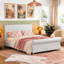 Base de lit tapissier grand format avec tête de lit haute et pied de lit roulé, cadre de lit plate-forme de lit-bateau avec pieds en bois massif et support de lattes, aucun sommier nécessaire, beige
