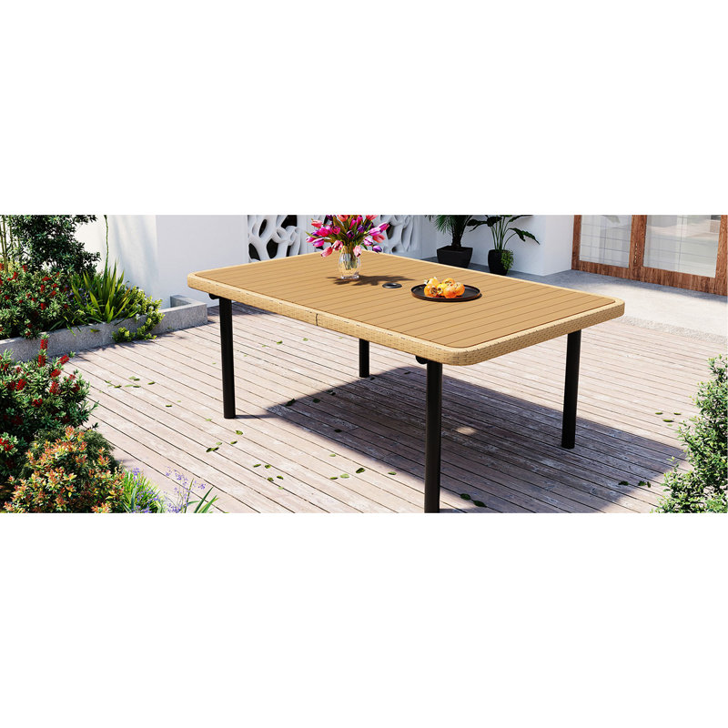 Table de salle à manger rectangulaire pour l'extérieur de 59 po avec trou de parasol 1,97 po, structure en fer, solide pour les activités, résistante aux intempéries, assemblage simple, porche parfait, structure encastrée de 59 po, conception confortable et stable de 6 po