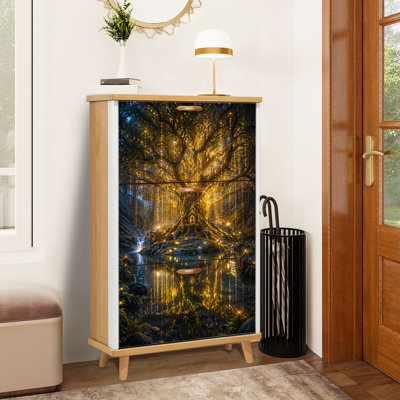 Shoe Storage Cabinet with 3 Flip Drawers for Glowing Golden Lights Tree Reflective Pond Forest Shoe Rack Storage Organizer