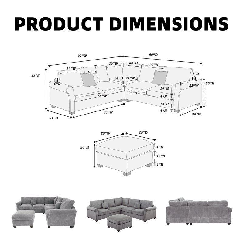 Ensemble de canapé modulaire 4 pièces avec coin en coin et repose-pieds, tissu en velours côtelé en forme de L