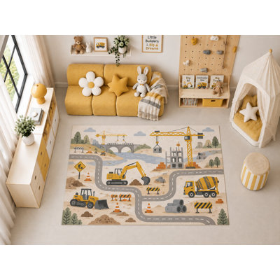"Ultra Thin" 5' x 7' Construction Site with Trucks and Excavator, Fun Playroom Floor Rug, Boys Bedroom and Nursery Decor, Area Rug Carpet for Kids