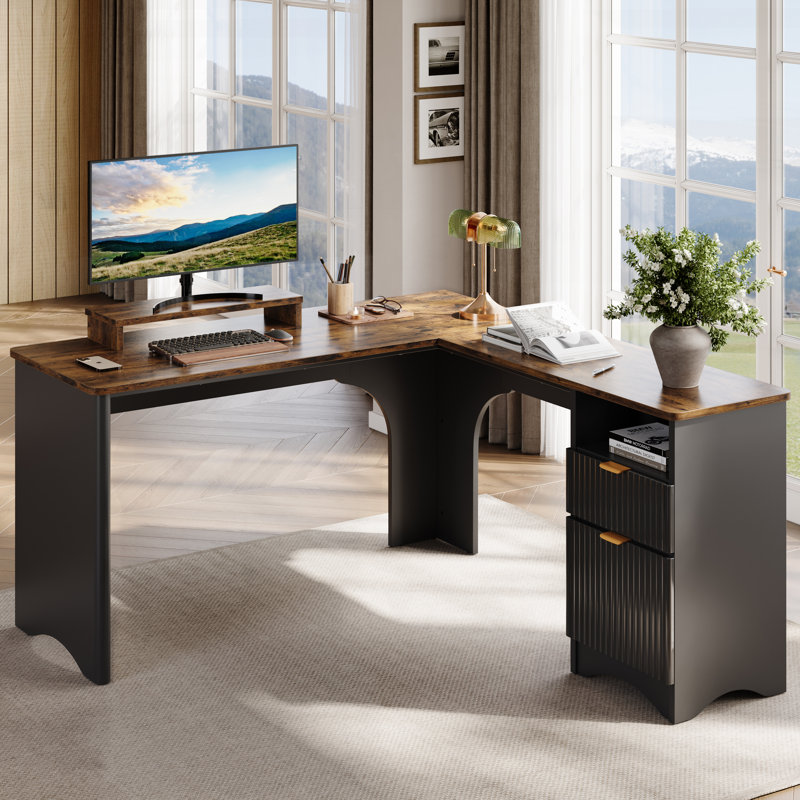 L-Shaped Executive Desk, Rust/Black