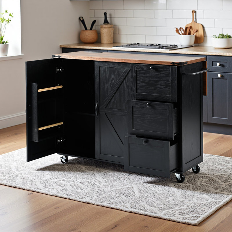 54.5" Farmhouse Kitchen Island with Built-In Power Outlet, Drop Leaf, X-Barn Doors & Internal Storage Racks – Rustic Rolling Cart on Wheels for Home, Kitchen & Dining