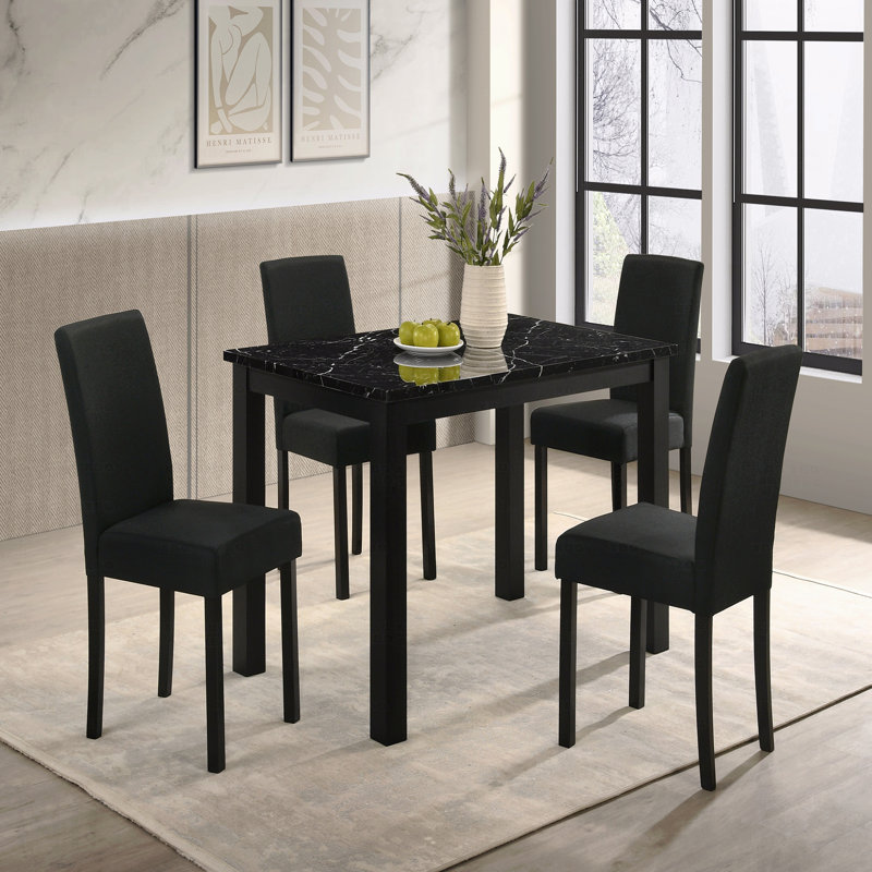 47.2" Contemporary Dining Table with Faux Marble Top – Black Frame Rectangular Table for Kitchen & Dining Room, Black