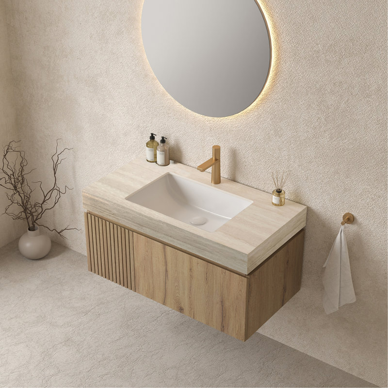 Armoire Woodgrain en contreplaqué avec une porte et un tiroir, sans lavabo et couvercle, sans couvercle de robinet et d'évier