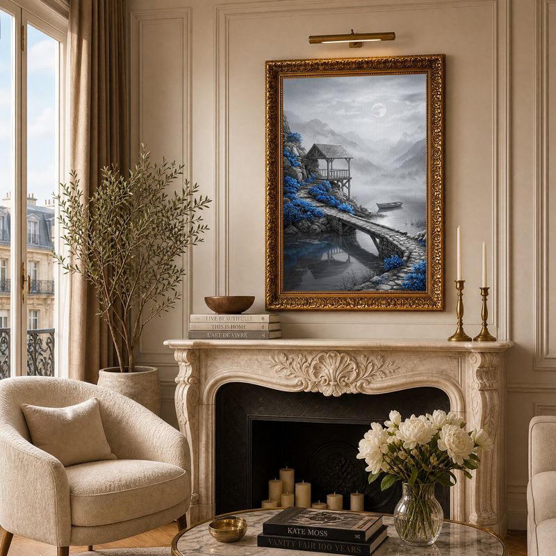 Pont de pierre et pavillon de jardin en bois avec fleurs bleues, art mural, H 24 po x l 16 po
