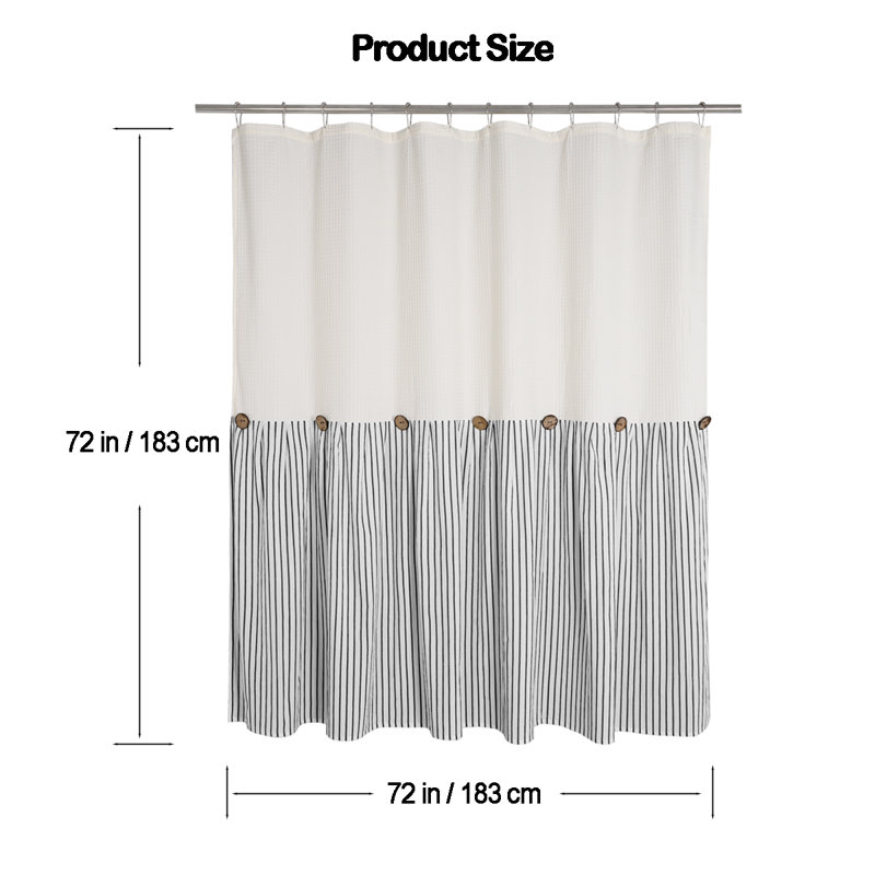 Farmhouse Cream and Black Cotton Blend Shower Curtain with Wooden Buttons