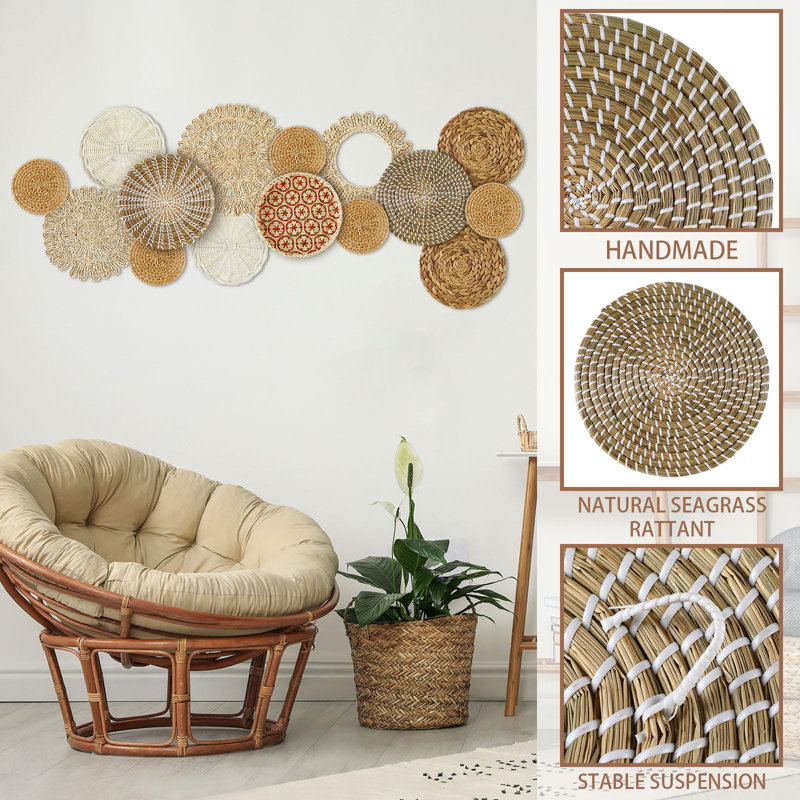 Handcrafted Round Seagrass Boho Wall Basket Set, 15 Pieces