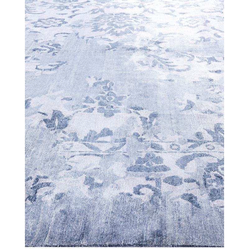 Gray Hand-Knotted Silk Rectangular Area Rug, 9' 4" x 12' 1"