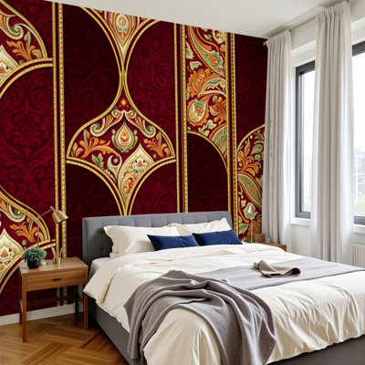 Peel and Stick Wallpaper 96" W x 69" H Modern Self Adhesive Wall Mural for Bedroom Luxurious Red Gold Floral Elegant Curves Intricate Detailing