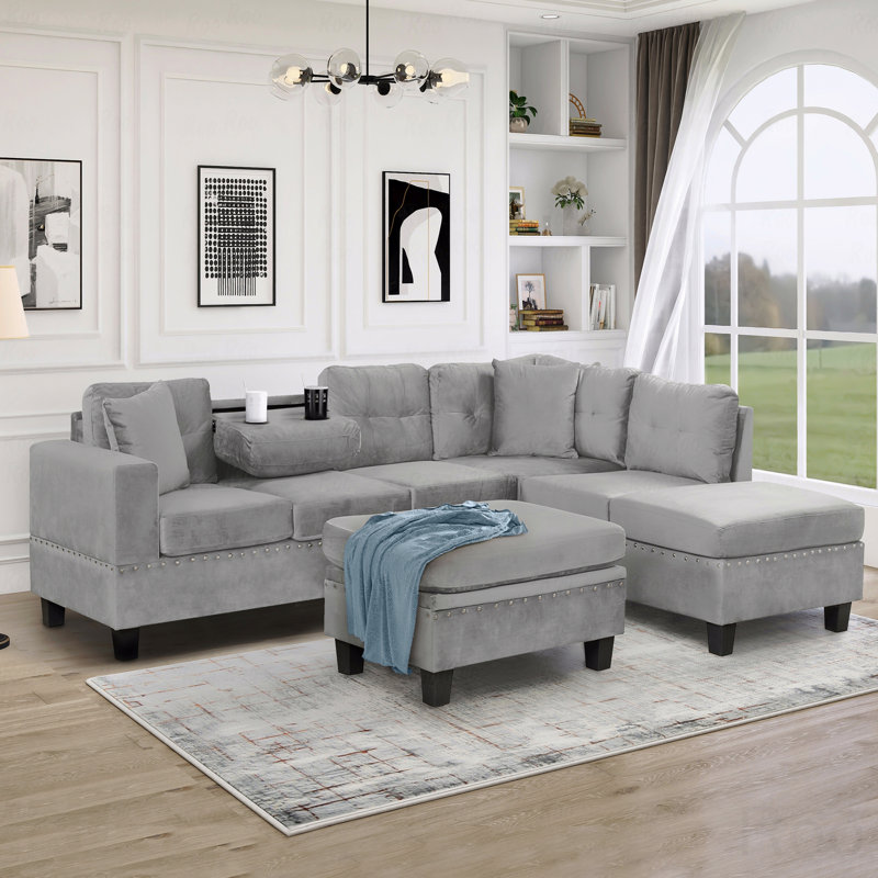 Canapé modulaire Basic, canapé moderne de 105 po avec repose-pieds avec rangement, canapé en L avec 2 coussins décoratifs et porte-gobelets, canapé avec méridienne réversible