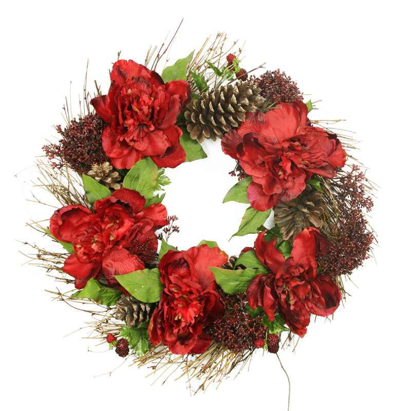 Couronne de Noël artificielle pivoine non illuminée 24 po