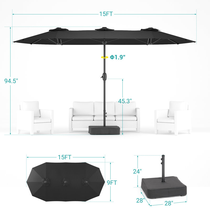 Parasol de marché avec base 15 pi x 9 pi Dorian, Noir, noir, noir, noir