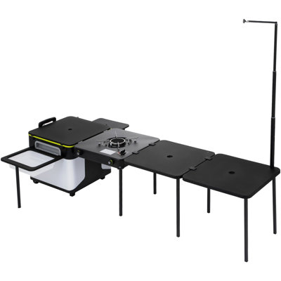 Cuisine mobile extérieure, boîte de camping multifonctionnelle portative avec roulettes, station de cuisson intégrée tout-en-un avec poêle coupe-vent, organisateur de rangement de tables pliantes, noir